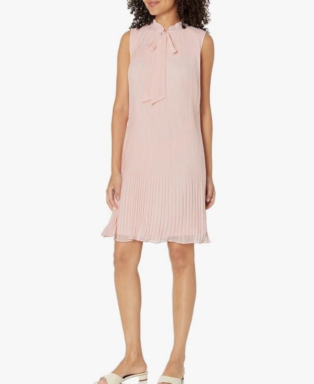 DKNY Blush Pink Sleeveless Tie Neck Pleated Dress Women's 6